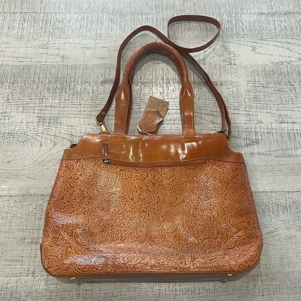 American Genius Leather Handbag w/ Removable Shoulder Strap, Tooled Paisley